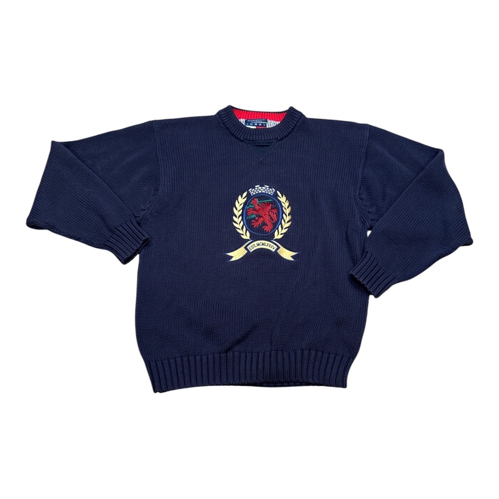 Vintage Tommy Hilfiger Navy Blue Lion Crest Sweater Mens Large Cotton Knit
